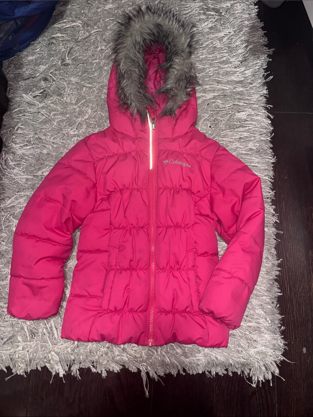Columbia Girls Hot Pink Hooded Puffer Jacket with Faux Fur Trim
